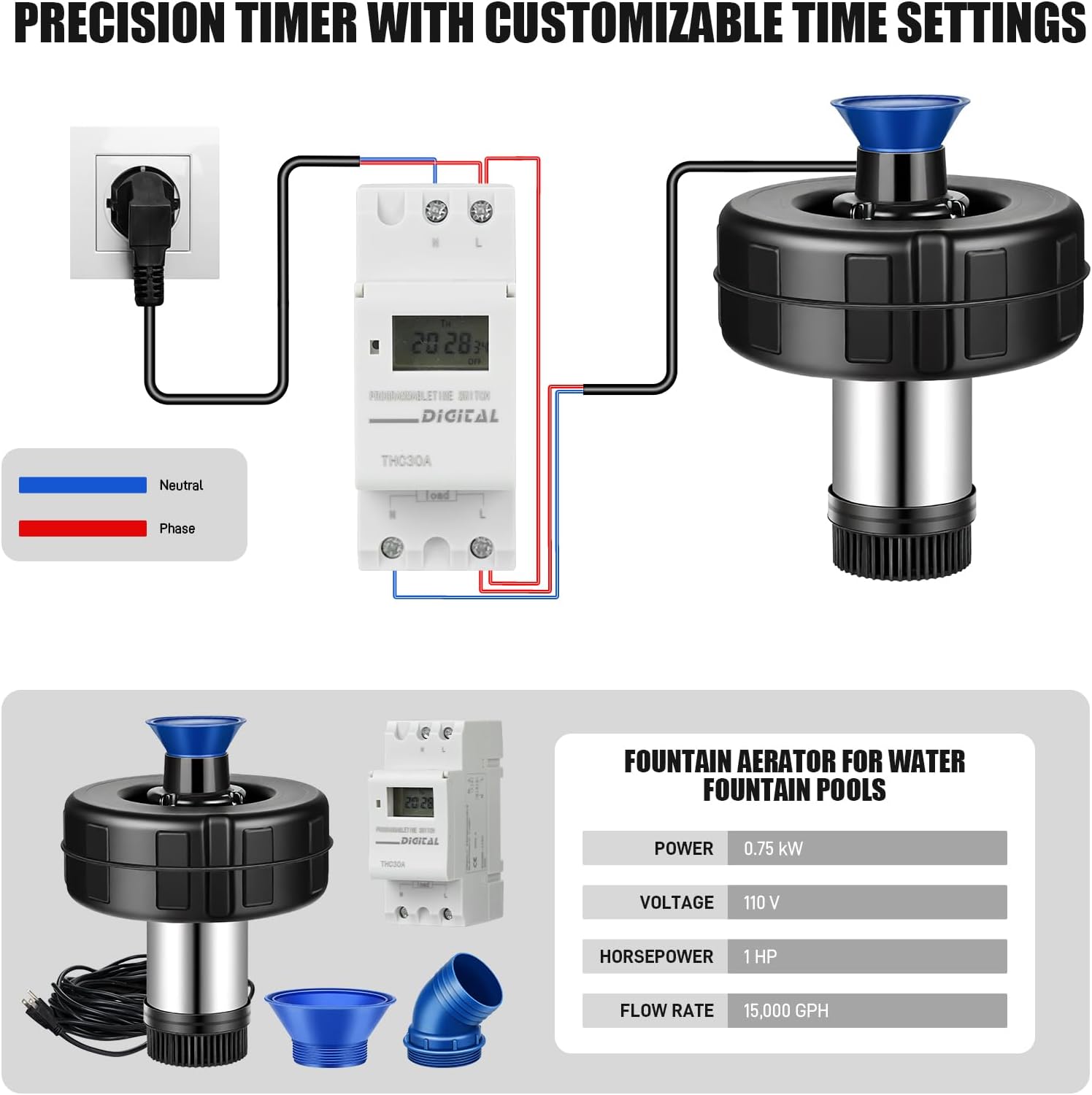 Pond Fountain Aerator, 15000 GPH Fountain Pump with Timer, 110V/60Hz 750W Waterfall Pump with 2 Spray Patterns, Energy-Efficient Water Circulation for Ponds & Lakes with 120FT Power Cord (Blue Black)